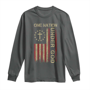 One Nation Under God Long Sleeve Shirt American Flag 4th Of July Patriotic Christian TS10 Dark Heather Print Your Wear