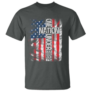 One Nation Under God T Shirt 4th Of July Patriotic Christian Vintage Cross American Flag TS11 Dark Heather Print Your Wear