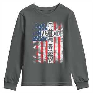 One Nation Under God Youth Sweatshirt 4th Of July Patriotic Christian Vintage Cross American Flag TS11 Dark Heather Print Your Wear