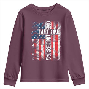 One Nation Under God Youth Sweatshirt 4th Of July Patriotic Christian Vintage Cross American Flag TS11 Maroon Print Your Wear