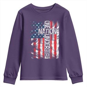 One Nation Under God Youth Sweatshirt 4th Of July Patriotic Christian Vintage Cross American Flag TS11 Purple Print Your Wear