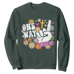 One Way Jesus Sweatshirt Christian Relgion Retro Hippie TS02 Dark Forest Green Print Your Wear