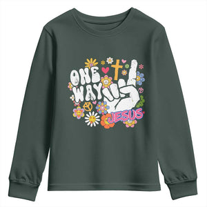One Way Jesus Youth Sweatshirt Christian Relgion Retro Hippie TS02 Dark Forest Green Print Your Wear