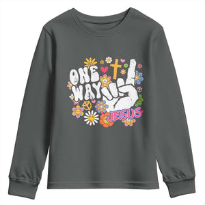 One Way Jesus Youth Sweatshirt Christian Relgion Retro Hippie TS02 Dark Heather Print Your Wear