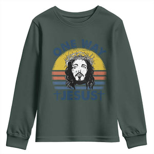 One Way Jesus Youth Sweatshirt Christian Relgion Retro Vintage TS02 Dark Forest Green Print Your Wear