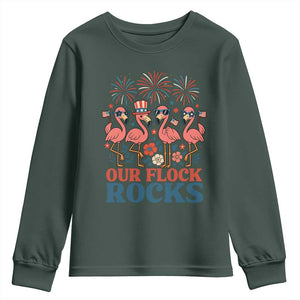 Our Flock Rocks Patriotic Flamingo Youth Sweatshirt Funny 4th of July Family Matching TS02 Dark Forest Green Print Your Wear