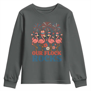 Our Flock Rocks Patriotic Flamingo Youth Sweatshirt Funny 4th of July Family Matching TS02 Dark Heather Print Your Wear
