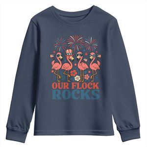 Our Flock Rocks Patriotic Flamingo Youth Sweatshirt Funny 4th of July Family Matching TS02 Navy Print Your Wear