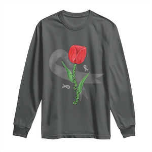Parkinson's Awareness Long Sleeve Shirt Gray Ribbon Tulips Support Parkinsons Warrior TS02 Dark Heather Print Your Wear