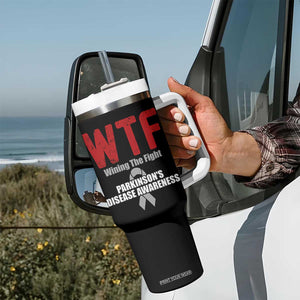 Parkinson's Awareness Tumbler With Handle WTF Winning The Fight Gray Ribbon Support Parkinsons Warriror TS02 Print Your Wear