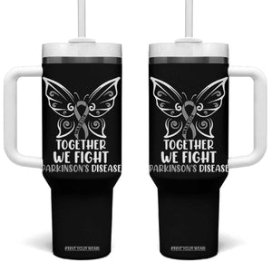 Parkinson's Awareness Tumbler With Handle We Fight Together Support Squad Gray Ribbon Butterfly TS02 One Size: 40 oz Black Print Your Wear