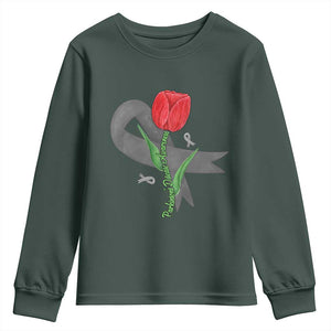 Parkinson's Awareness Youth Sweatshirt Gray Ribbon Tulips Support Parkinsons Warrior TS02 Dark Forest Green Print Your Wear