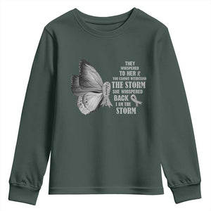 Parkinson's Awareness Youth Sweatshirt She Whispered Back I Am The Storm Support Squad TS02 Dark Forest Green Print Your Wear