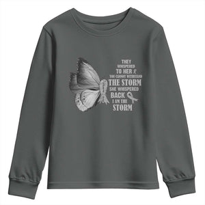 Parkinson's Awareness Youth Sweatshirt She Whispered Back I Am The Storm Support Squad TS02 Dark Heather Print Your Wear