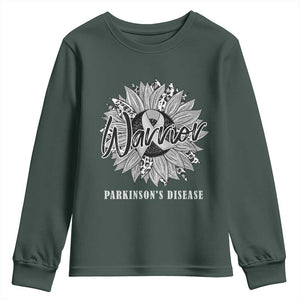 Parkinson's Warrior Youth Sweatshirt Silver Ribbon Sunflower Support Awareness TS02 Dark Forest Green Print Your Wear