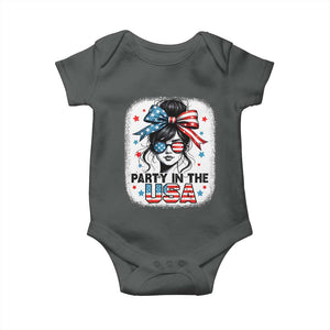 Party In USA Girls 4th of July Baby Onesie Messy Bun USA TS10 Dark Heather Print Your Wear