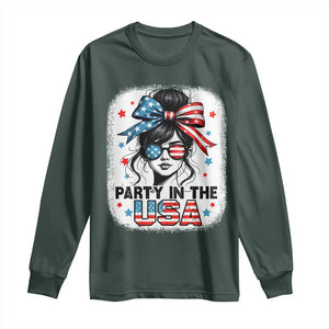 Party In USA Girls 4th of July Long Sleeve Shirt Messy Bun USA TS10 Dark Forest Green Print Your Wear