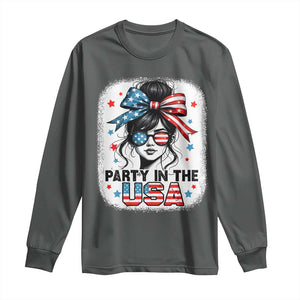 Party In USA Girls 4th of July Long Sleeve Shirt Messy Bun USA TS10 Dark Heather Print Your Wear
