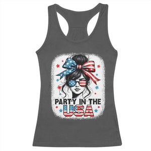 Party In USA Girls 4th of July Racerback Tank Top Messy Bun USA TS10 Dark Heather Print Your Wear
