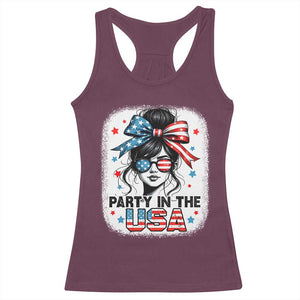 Party In USA Girls 4th of July Racerback Tank Top Messy Bun USA TS10 Maroon Print Your Wear