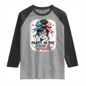 Party In USA Girls 4th of July Raglan Shirt Messy Bun USA TS10 Sport Gray Black Print Your Wear