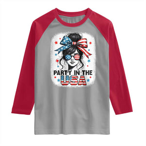 Party In USA Girls 4th of July Raglan Shirt Messy Bun USA TS10 Sport Gray Red Print Your Wear