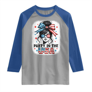 Party In USA Girls 4th of July Raglan Shirt Messy Bun USA TS10 Sport Gray Royal Print Your Wear