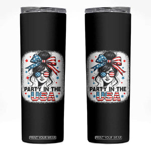 Party In USA Girls 4th of July Skinny Tumbler Messy Bun USA TS10 Black Print Your Wear