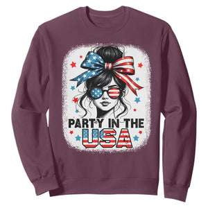 Party In USA Girls 4th of July Sweatshirt Messy Bun USA TS10 Maroon Print Your Wear