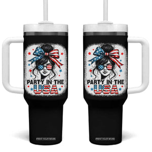 Party In USA Girls 4th of July Tumbler With Handle Messy Bun USA TS10 One Size: 40 oz Black Print Your Wear