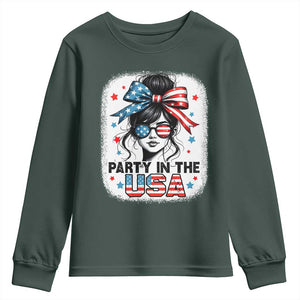 Party In USA Girls 4th of July Youth Sweatshirt Messy Bun USA TS10 Dark Forest Green Print Your Wear