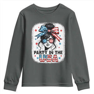 Party In USA Girls 4th of July Youth Sweatshirt Messy Bun USA TS10 Dark Heather Print Your Wear