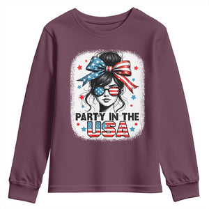 Party In USA Girls 4th of July Youth Sweatshirt Messy Bun USA TS10 Maroon Print Your Wear