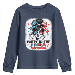 Party In USA Girls 4th of July Youth Sweatshirt Messy Bun USA TS10 Navy Print Your Wear