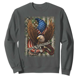Patriotic Armed Eagle with Camo Flag Sweatshirt Military Patriotic USA Defense TS02 Dark Heather Print Your Wear
