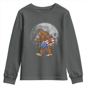Patriotic Bigfoot 4th of July Youth Sweatshirt American Flag Merica Fireworks Sasquatch Moon TS10 Dark Heather Print Your Wear