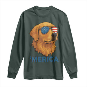 Patriotic Dog 'Merica Long Sleeve Shirt Golden Retriever Sunglasses Funny 4th Of July TS02 Dark Forest Green Print Your Wear