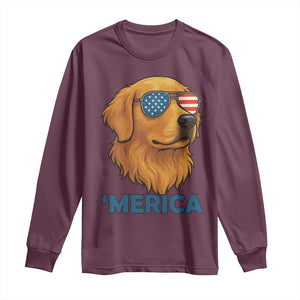 Patriotic Dog 'Merica Long Sleeve Shirt Golden Retriever Sunglasses Funny 4th Of July TS02 Maroon Print Your Wear