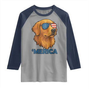 Patriotic Dog 'Merica Raglan Shirt Golden Retriever Sunglasses Funny 4th Of July TS02 Sport Gray Navy Print Your Wear