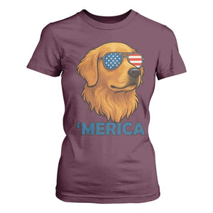 Patriotic Dog 'Merica T Shirt For Women Golden Retriever Sunglasses Funny 4th Of July TS02 Maroon Print Your Wear
