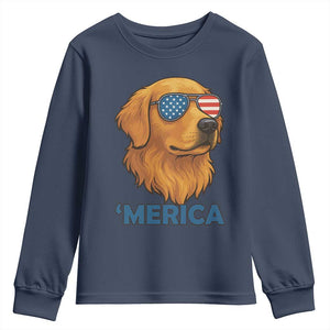 Patriotic Dog 'Merica Youth Sweatshirt Golden Retriever Sunglasses Funny 4th Of July TS02 Navy Print Your Wear