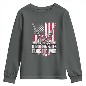 Patriotic Memorial Day Youth Sweatshirt Honor The Fallen Thank The Living Memorial Day Veterans Day TS02 Dark Heather Print Your Wear