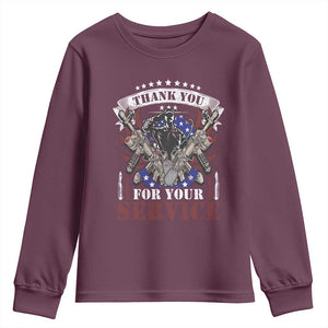 Patriotic Memorial Day Youth Sweatshirt Thank You For Your Service Veterans Remembrance TS02 Maroon Print Your Wear