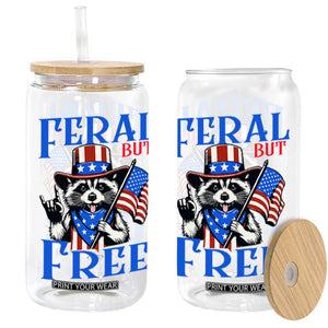 Patriotic Raccoon 4th of July Glass Can Feral But Free USA Flag TS10 White Print Your Wear