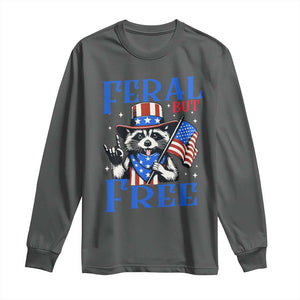 Patriotic Raccoon 4th of July Long Sleeve Shirt Feral But Free USA Flag TS10 Dark Heather Print Your Wear