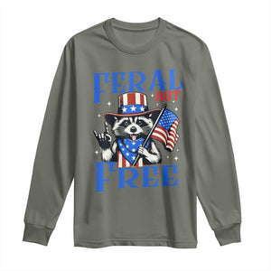 Patriotic Raccoon 4th of July Long Sleeve Shirt Feral But Free USA Flag TS10 Military Green Print Your Wear