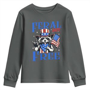 Patriotic Raccoon 4th of July Youth Sweatshirt Feral But Free USA Flag TS10 Dark Heather Print Your Wear