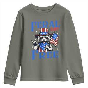 Patriotic Raccoon 4th of July Youth Sweatshirt Feral But Free USA Flag TS10 Military Green Print Your Wear