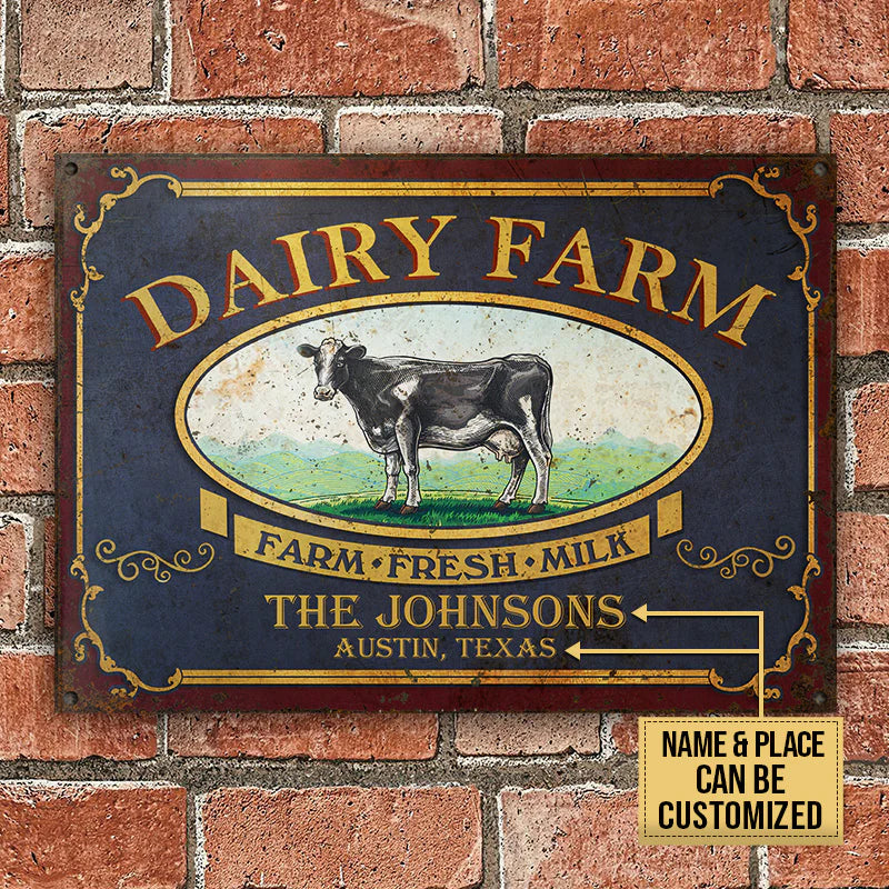 Personalized Metal Sign Cow Dairy Farm Fresh Milk CTM One Size 24x18 inch (60.96x45.72 cm) Custom - Printyourwear