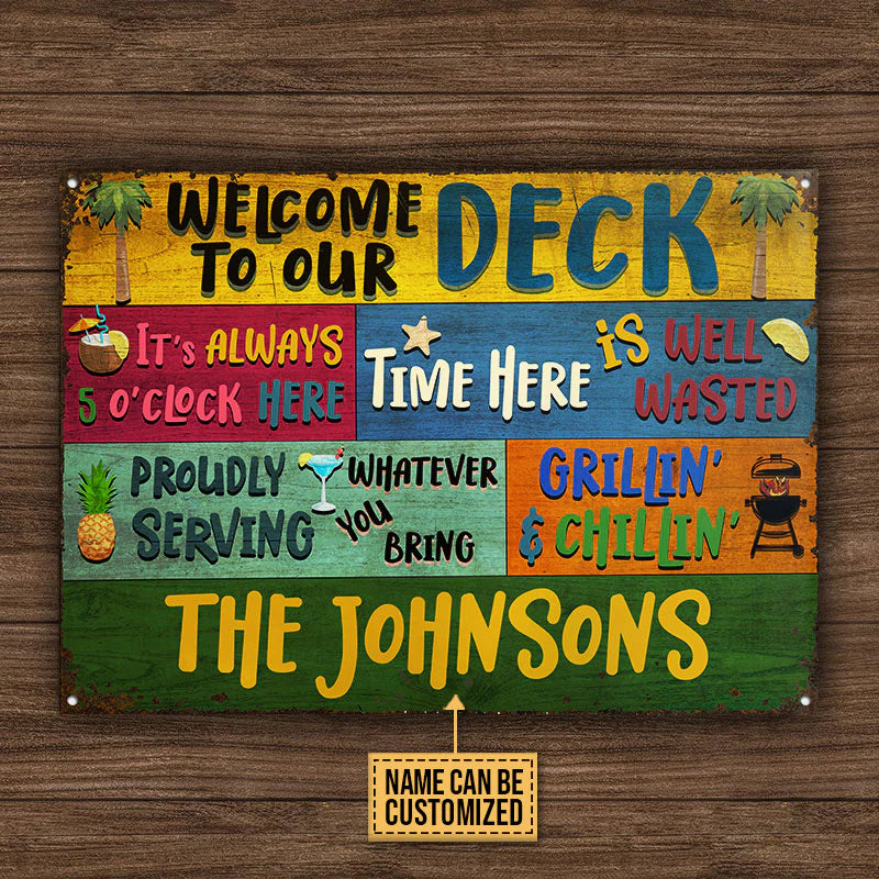 Personalized Metal Sign Deck Welcome Grillin and Chillin CTM One Size 24x18 inch (60.96x45.72 cm) Custom - Printyourwear